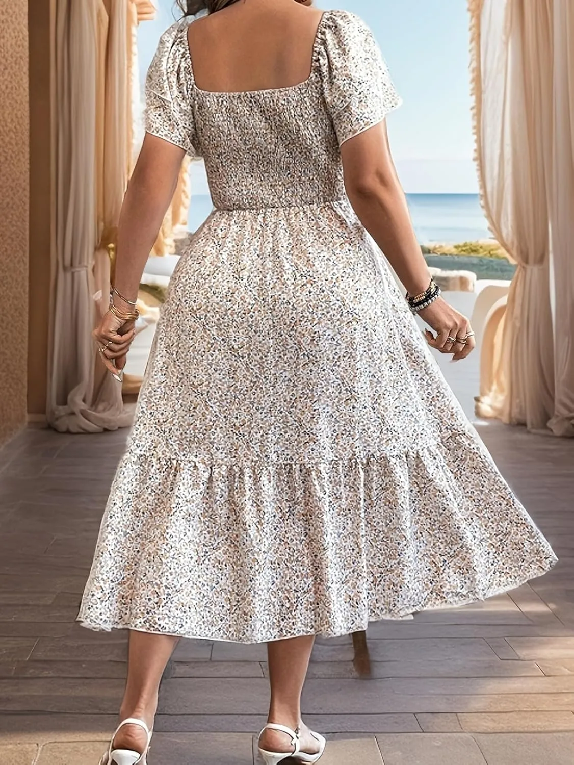 Floral Print Midi Dress, Square Neck, Smocked Bodice, Flutter Sleeves