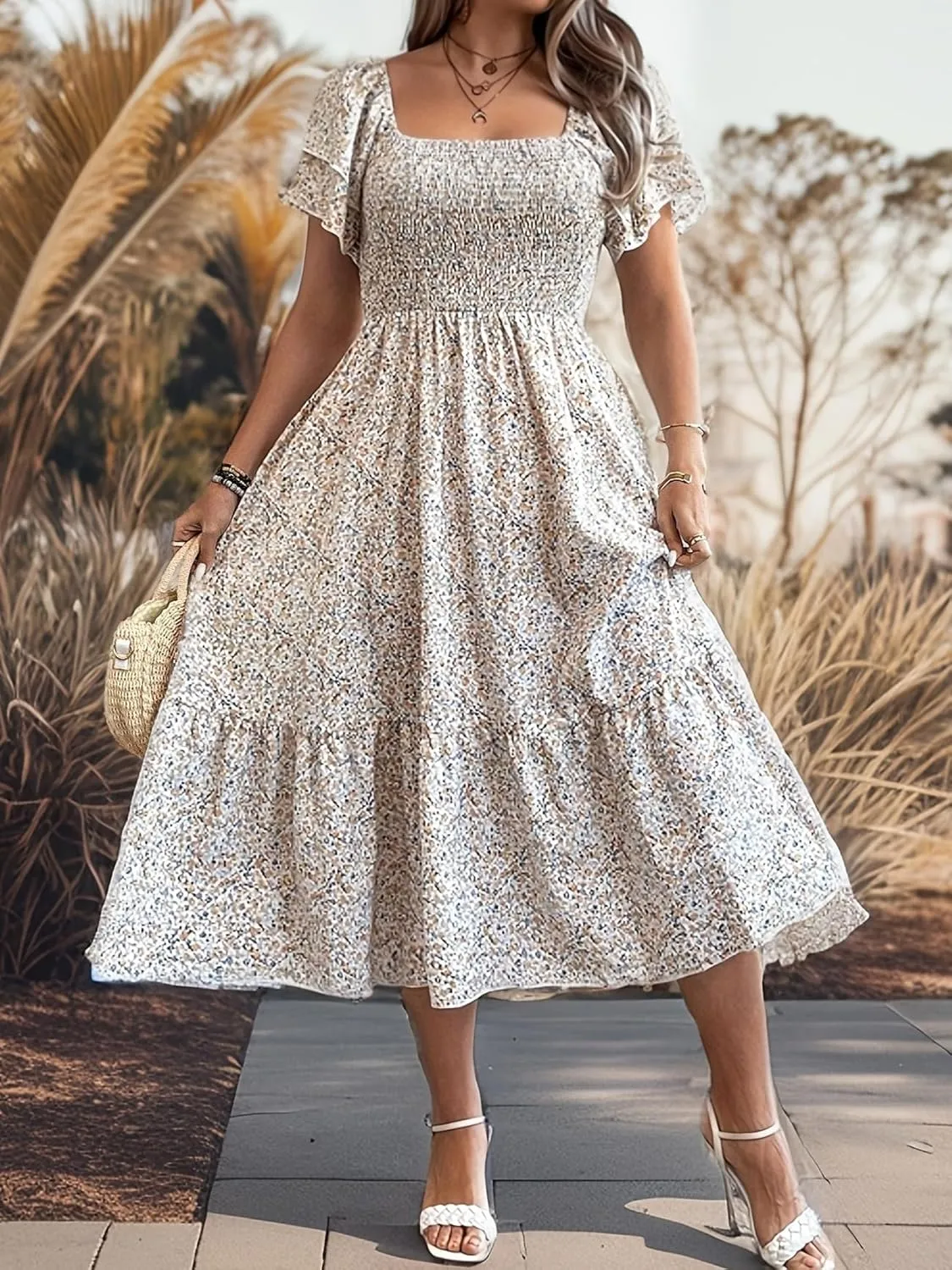 Floral Print Midi Dress, Square Neck, Smocked Bodice, Flutter Sleeves