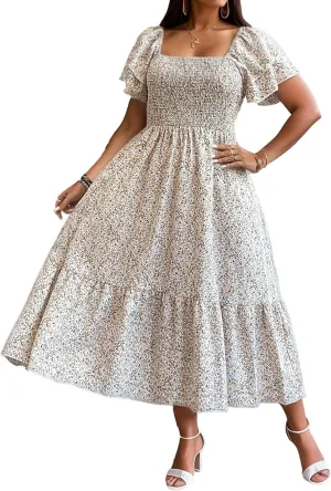 Floral Print Midi Dress, Square Neck, Smocked Bodice, Flutter Sleeves