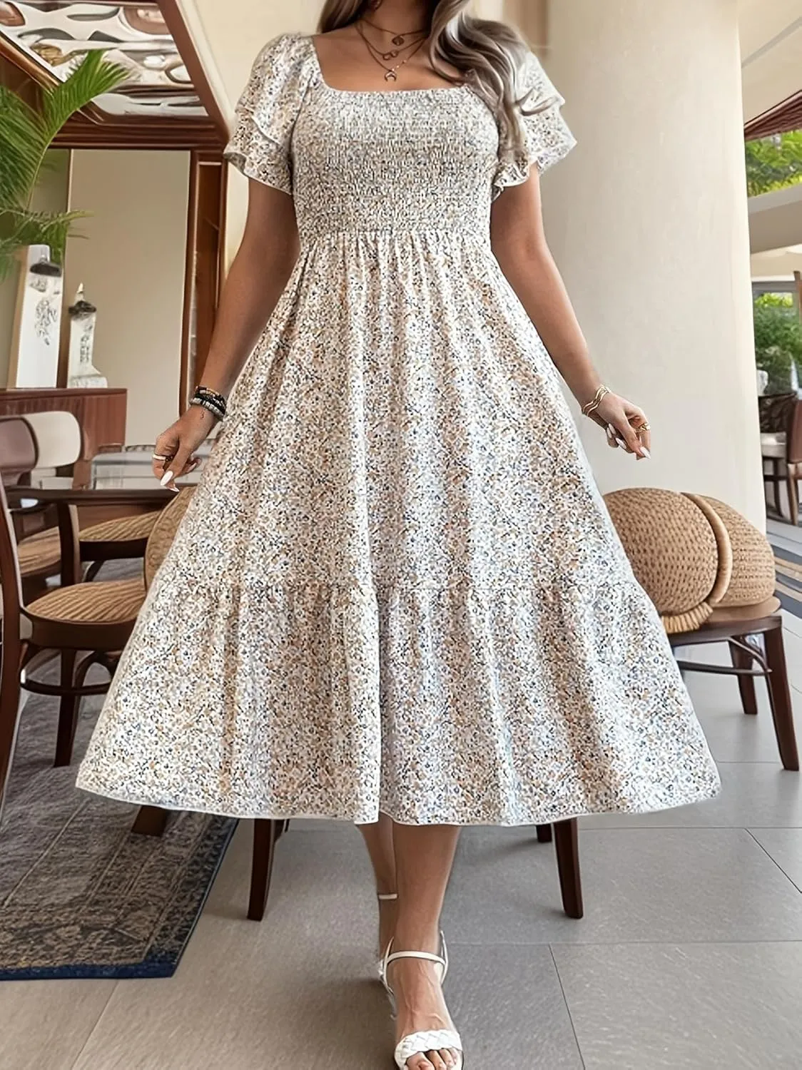 Floral Print Midi Dress, Square Neck, Smocked Bodice, Flutter Sleeves