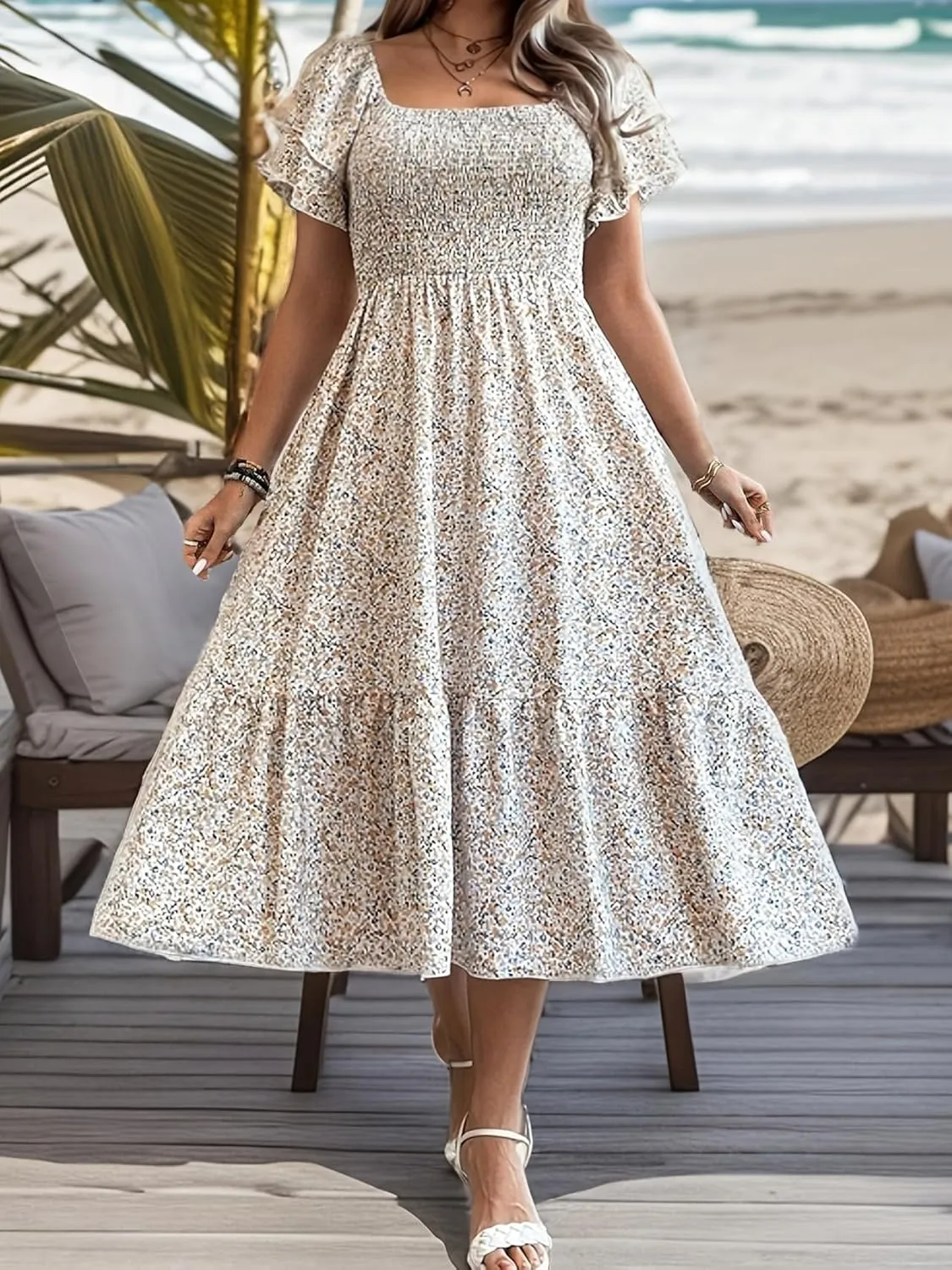 Floral Print Midi Dress, Square Neck, Smocked Bodice, Flutter Sleeves