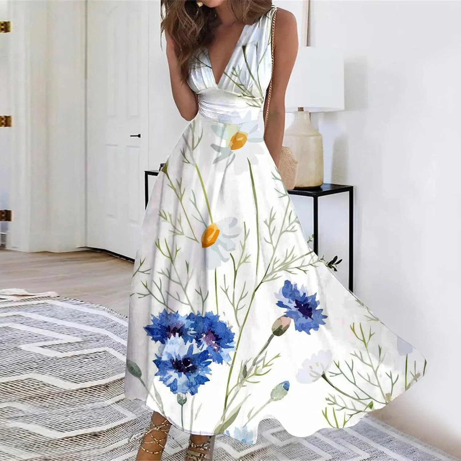 Flowy Dresses for Women Deep V Neck Casual Floral Long Dress Sleeveless Swing Cute Dresses Sexy Maxi Elegant Dress