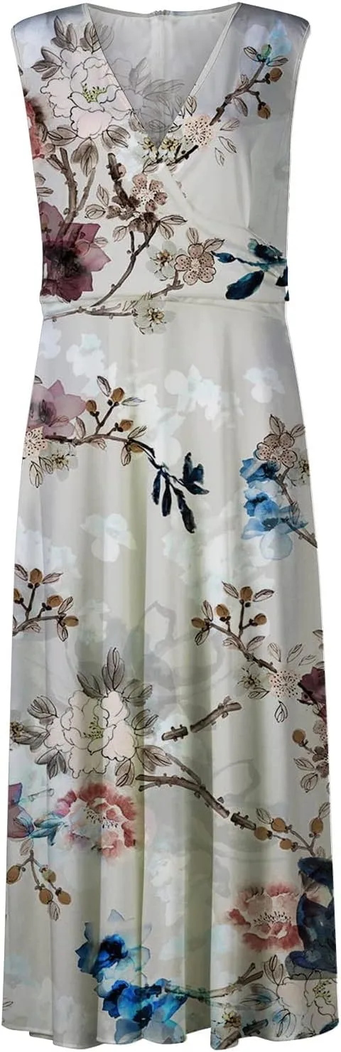 Flowy Dresses for Women Deep V Neck Casual Floral Long Dress Sleeveless Swing Cute Dresses Sexy Maxi Elegant Dress
