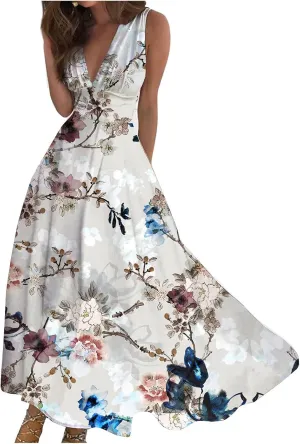 Flowy Dresses for Women Deep V Neck Casual Floral Long Dress Sleeveless Swing Cute Dresses Sexy Maxi Elegant Dress