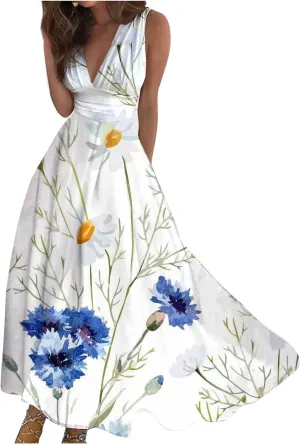 Flowy Dresses for Women Deep V Neck Casual Floral Long Dress Sleeveless Swing Cute Dresses Sexy Maxi Elegant Dress
