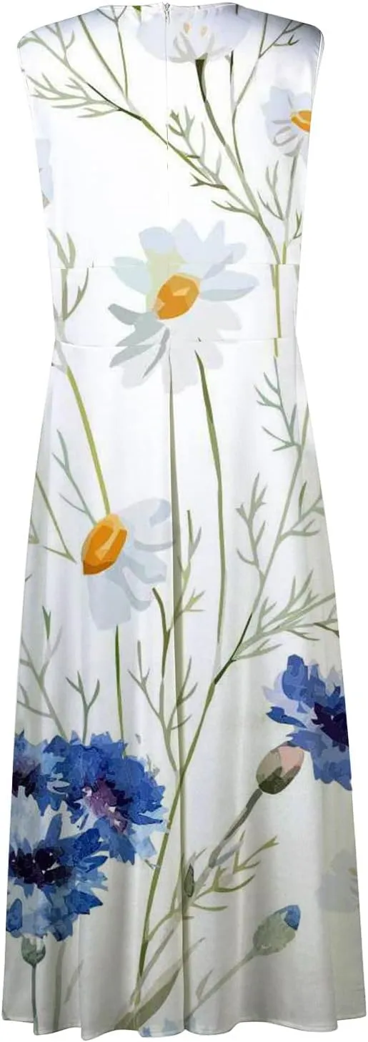 Flowy Dresses for Women Deep V Neck Casual Floral Long Dress Sleeveless Swing Cute Dresses Sexy Maxi Elegant Dress