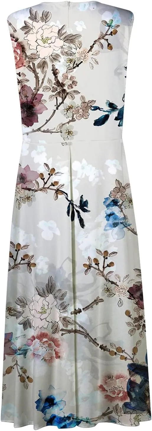 Flowy Dresses for Women Deep V Neck Casual Floral Long Dress Sleeveless Swing Cute Dresses Sexy Maxi Elegant Dress