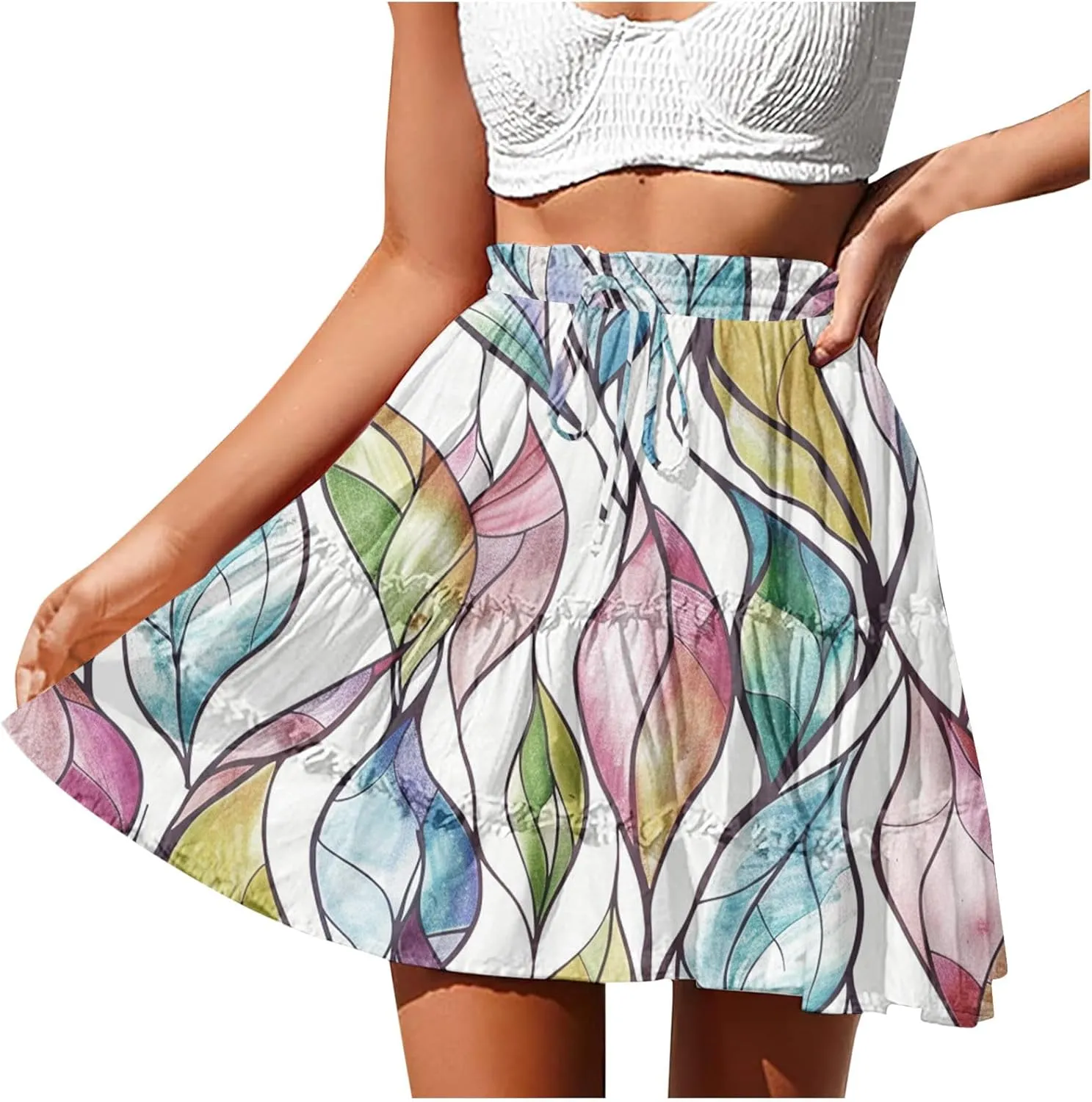Flowy Floral Mini Skirts for Women High Waisted Boho Skirt Elastic Drawstring Tiered Skirts Ruffle Beach Skirt