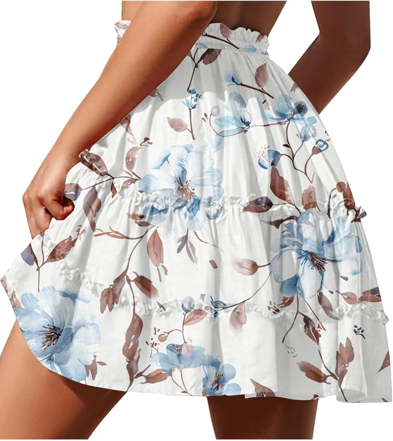Flowy Floral Mini Skirts for Women High Waisted Boho Skirt Elastic Drawstring Tiered Skirts Ruffle Beach Skirt
