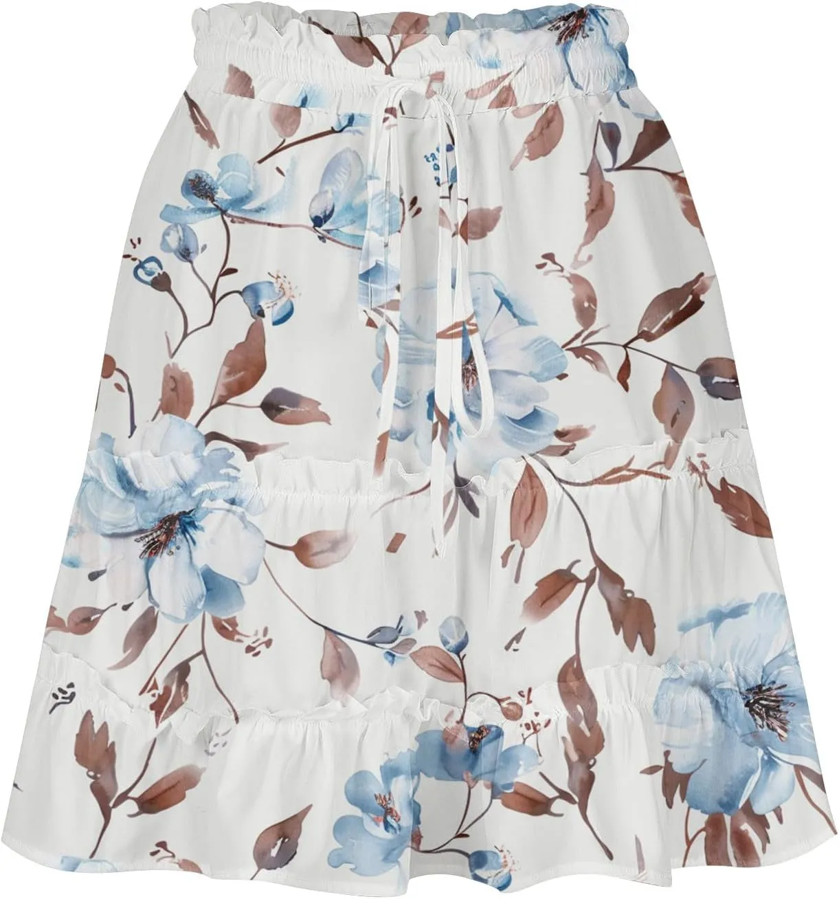 Flowy Floral Mini Skirts for Women High Waisted Boho Skirt Elastic Drawstring Tiered Skirts Ruffle Beach Skirt