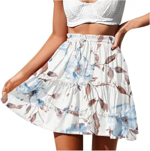 Flowy Floral Mini Skirts for Women High Waisted Boho Skirt Elastic Drawstring Tiered Skirts Ruffle Beach Skirt