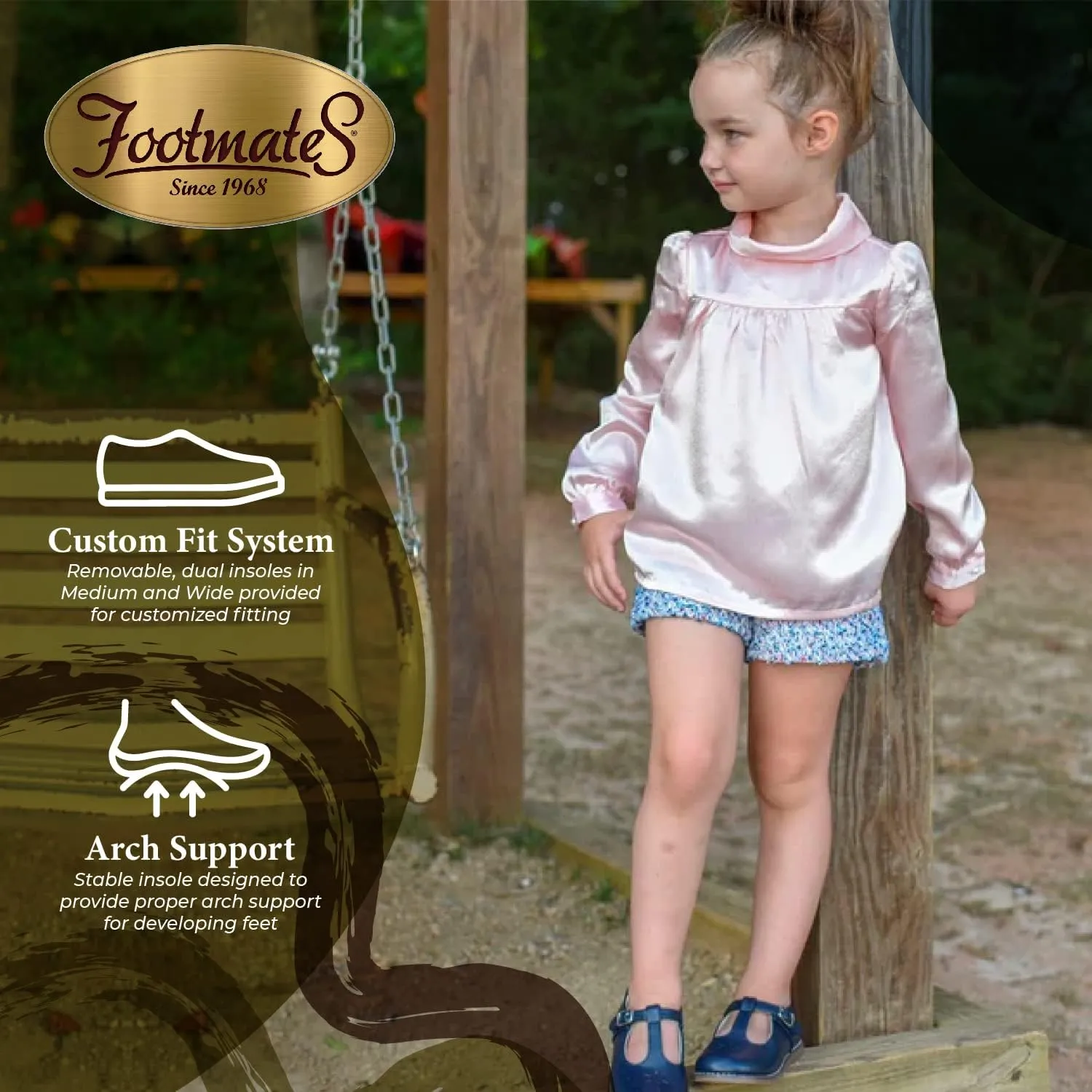 FOOTMATES Sherry Mary Jane Hook and Loop Leather T-Strap Shoes with Wide Toe Box and Custom-Fit Insoles, Non-Marking Outsoles - for Toddlers and Kids, Ages 1-8