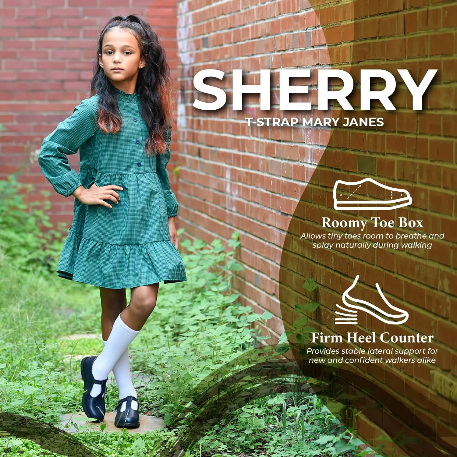 FOOTMATES Sherry Mary Jane Hook and Loop Leather T-Strap Shoes with Wide Toe Box and Custom-Fit Insoles, Non-Marking Outsoles - for Toddlers and Kids, Ages 1-8
