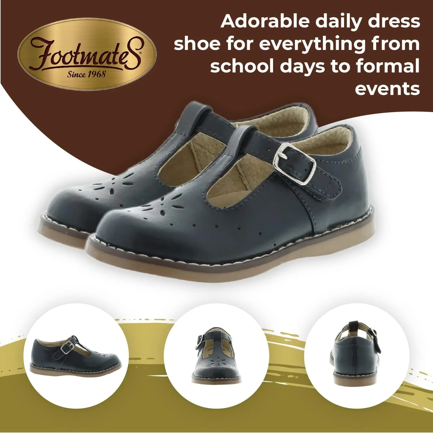 FOOTMATES Sherry Mary Jane Hook and Loop Leather T-Strap Shoes with Wide Toe Box and Custom-Fit Insoles, Non-Marking Outsoles - for Toddlers and Kids, Ages 1-8