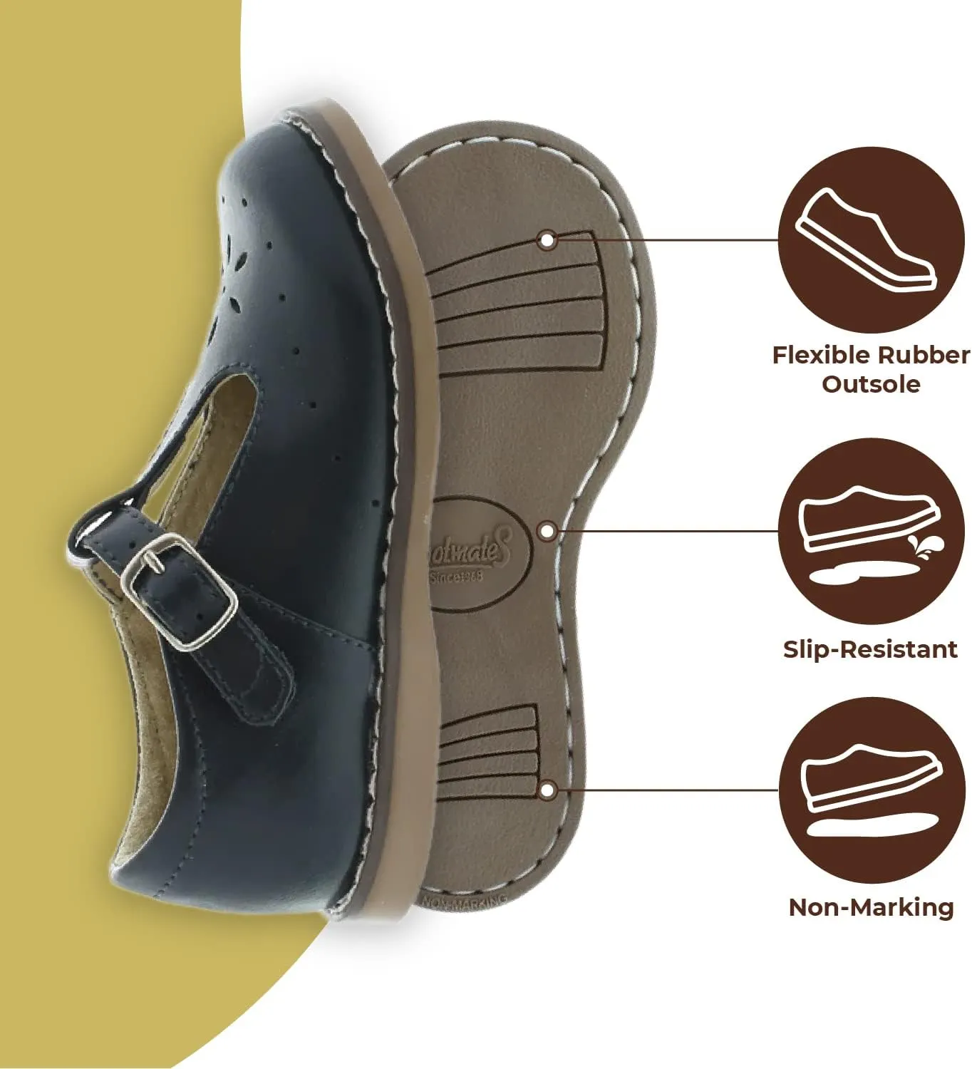 FOOTMATES Sherry Mary Jane Hook and Loop Leather T-Strap Shoes with Wide Toe Box and Custom-Fit Insoles, Non-Marking Outsoles - for Toddlers and Kids, Ages 1-8