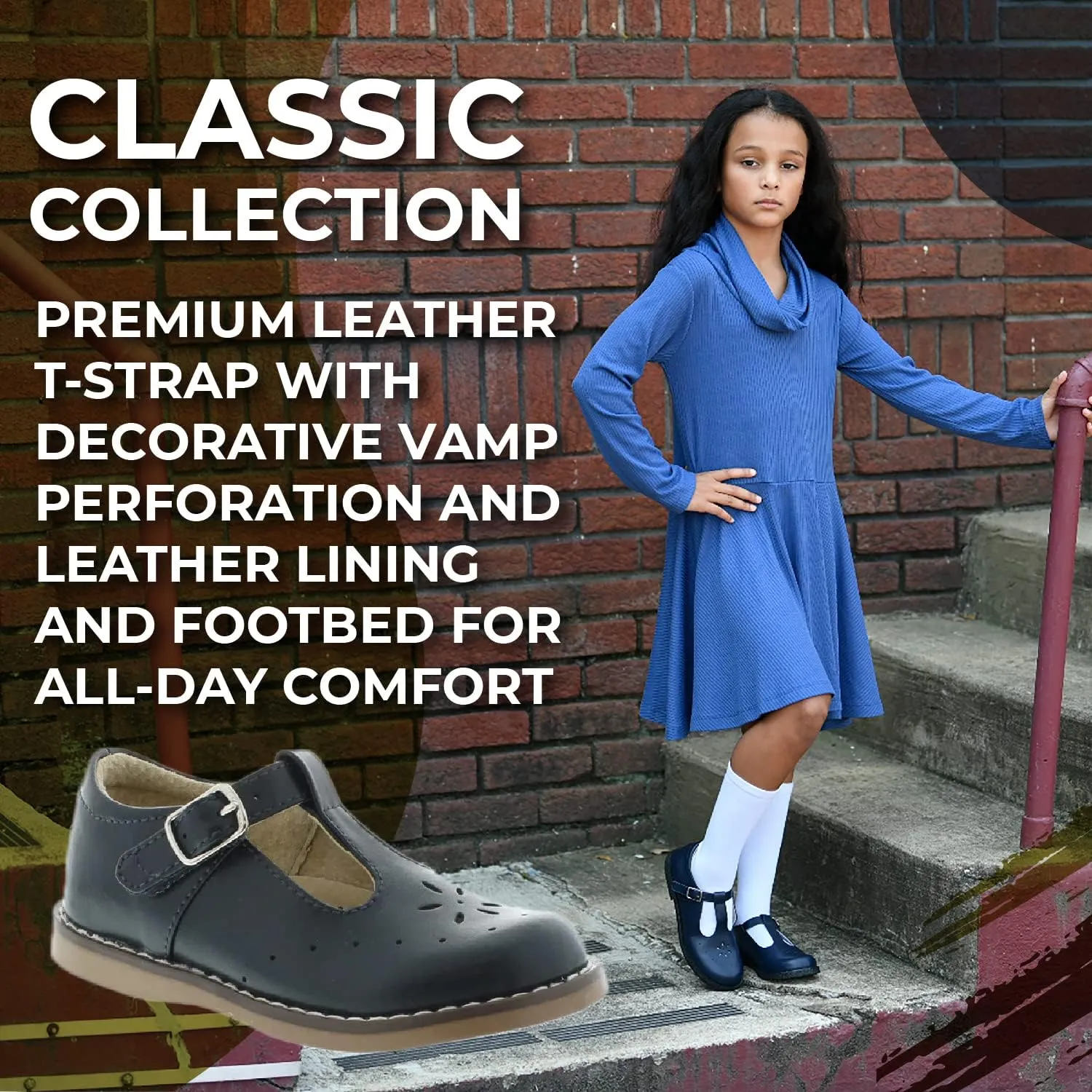 FOOTMATES Sherry Mary Jane Hook and Loop Leather T-Strap Shoes with Wide Toe Box and Custom-Fit Insoles, Non-Marking Outsoles - for Toddlers and Kids, Ages 1-8