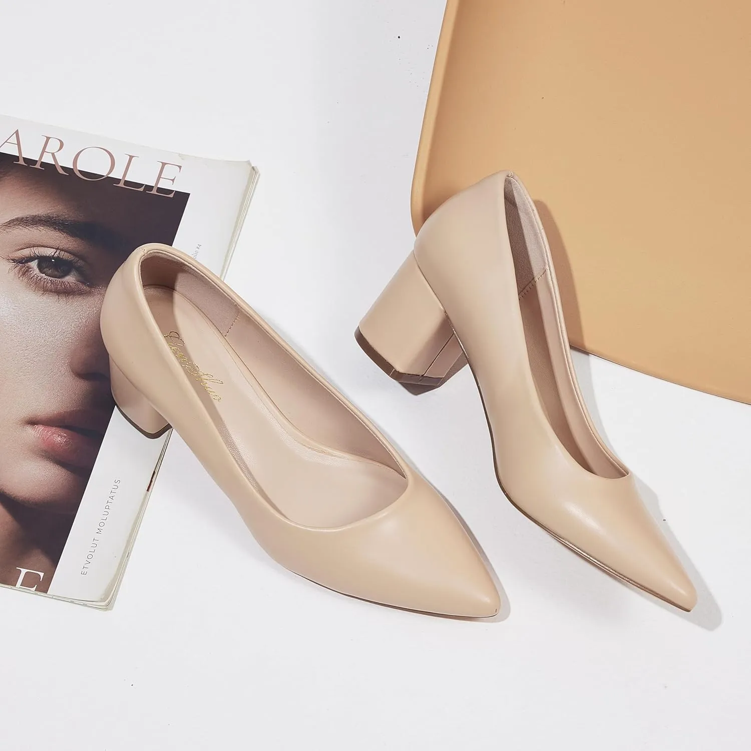 GENSHUO Women's Closed Toe Heels Low Chunky Block Dress Pumps Shoes Comfortable Slip On Pointed Toe Heel Work Wedding Office Evening Walking Party