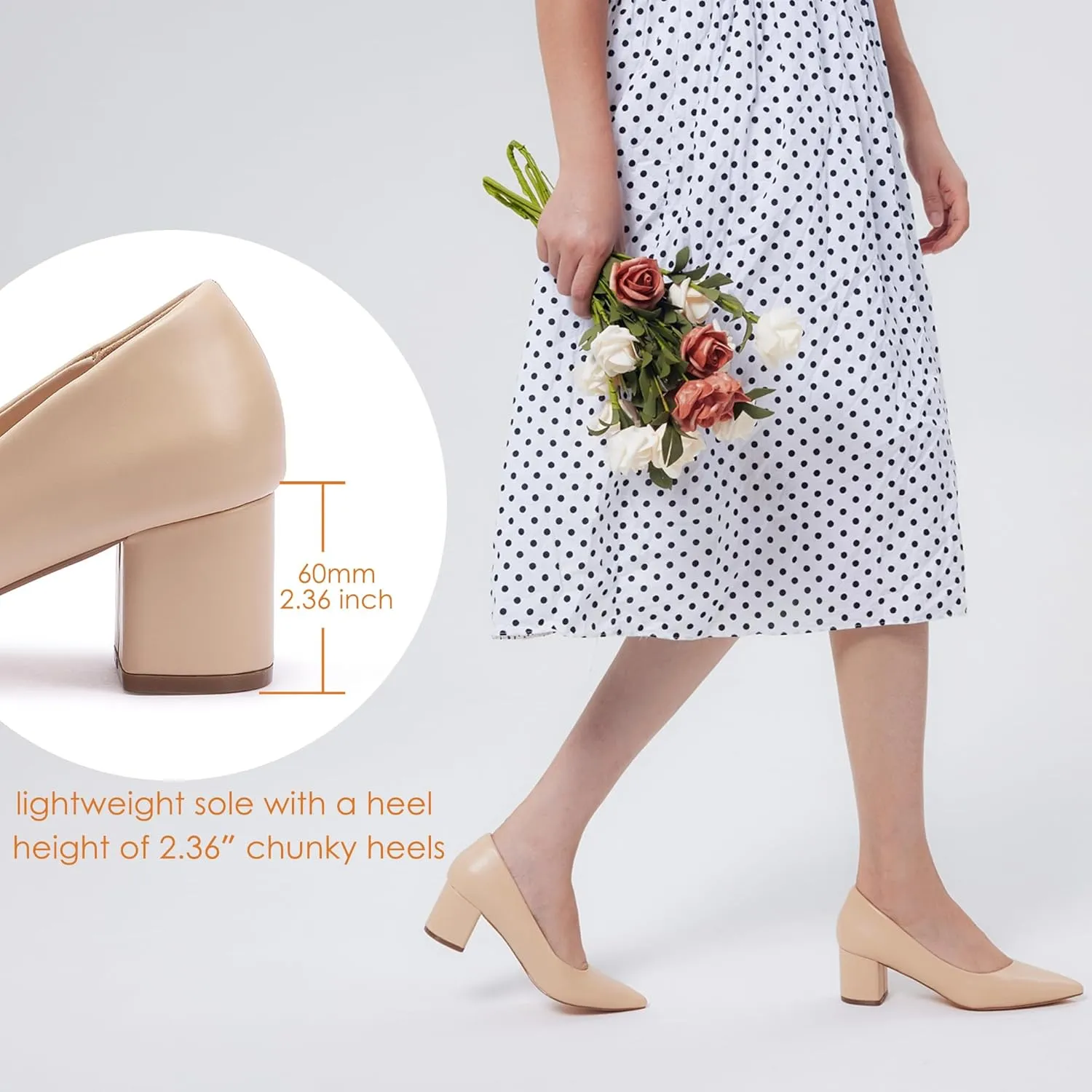 GENSHUO Women's Closed Toe Heels Low Chunky Block Dress Pumps Shoes Comfortable Slip On Pointed Toe Heel Work Wedding Office Evening Walking Party