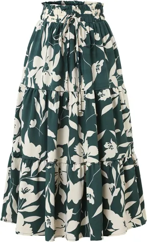 GOFULY Maxi Skirts for Women Flowy Summer Floral Print A-Line Long Skirt Drawstring Elastic High Waist Pleated Tiered Skirts