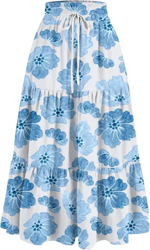 GOFULY Maxi Skirts for Women Flowy Summer Floral Print A-Line Long Skirt Drawstring Elastic High Waist Pleated Tiered Skirts