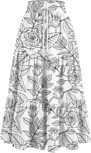 GOFULY Maxi Skirts for Women Flowy Summer Floral Print A-Line Long Skirt Drawstring Elastic High Waist Pleated Tiered Skirts