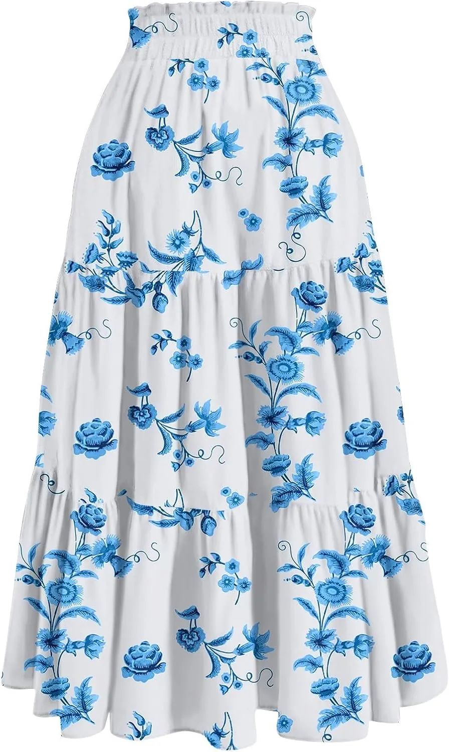 GOFULY Maxi Skirts for Women Flowy Summer Floral Print A-Line Long Skirt Drawstring Elastic High Waist Pleated Tiered Skirts