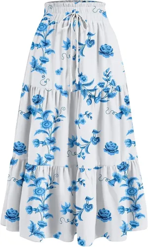 GOFULY Maxi Skirts for Women Flowy Summer Floral Print A-Line Long Skirt Drawstring Elastic High Waist Pleated Tiered Skirts