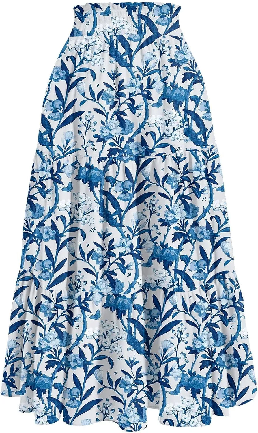 GOFULY Maxi Skirts for Women Flowy Summer Floral Print A-Line Long Skirt Drawstring Elastic High Waist Pleated Tiered Skirts