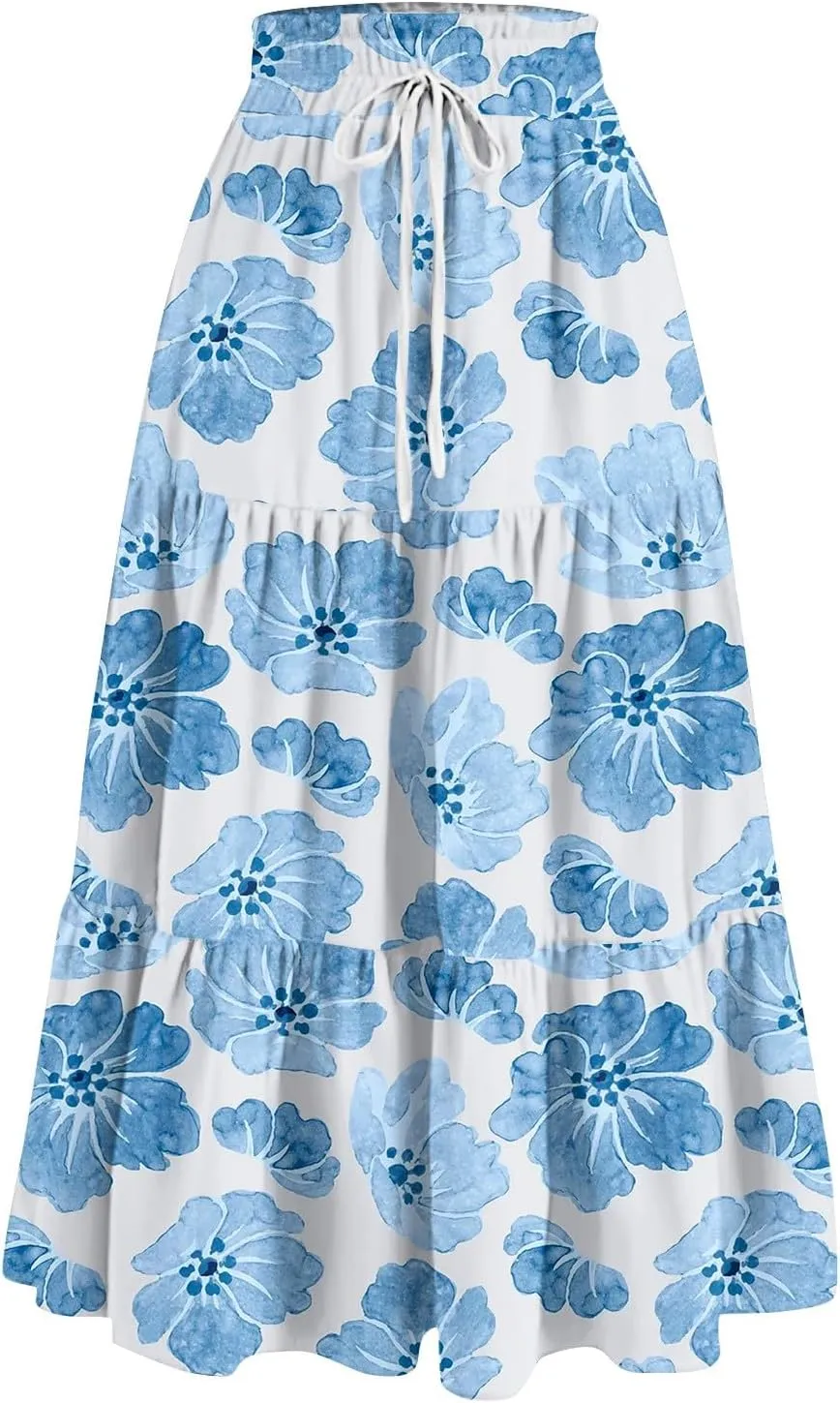 GOFULY Maxi Skirts for Women Flowy Summer Floral Print A-Line Long Skirt Drawstring Elastic High Waist Pleated Tiered Skirts