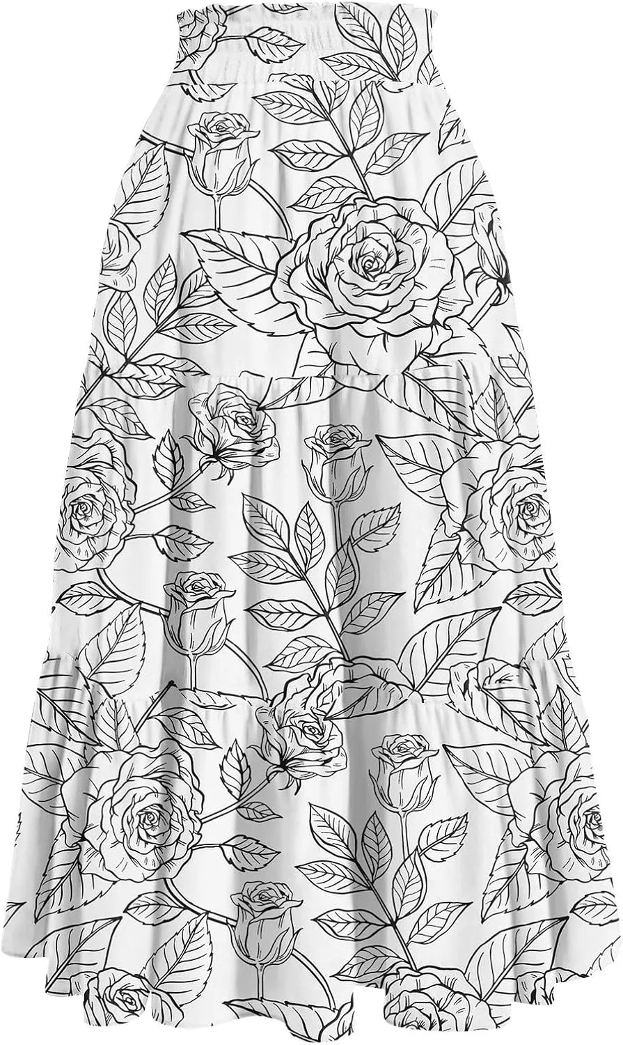 GOFULY Maxi Skirts for Women Flowy Summer Floral Print A-Line Long Skirt Drawstring Elastic High Waist Pleated Tiered Skirts