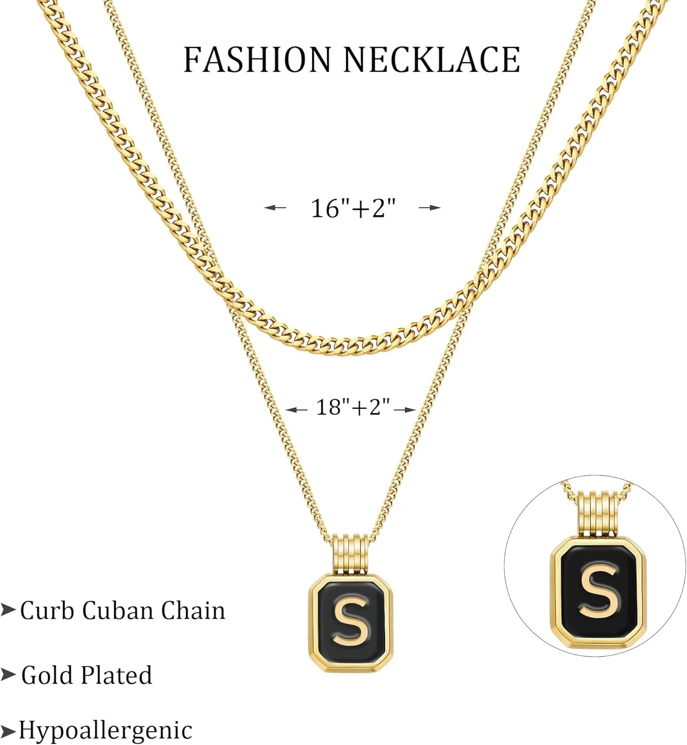 Gold Layered Initial Necklaces for Women, Dainty Layered Initial Necklaces for Women with Black Square Pendant Alphabet A-Z Cuban Chain Choker Necklace for Women Teen Jewelry Gifts