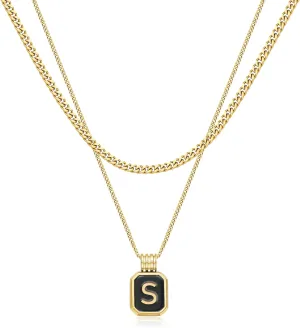 Gold Layered Initial Necklaces for Women, Dainty Layered Initial Necklaces for Women with Black Square Pendant Alphabet A-Z Cuban Chain Choker Necklace for Women Teen Jewelry Gifts