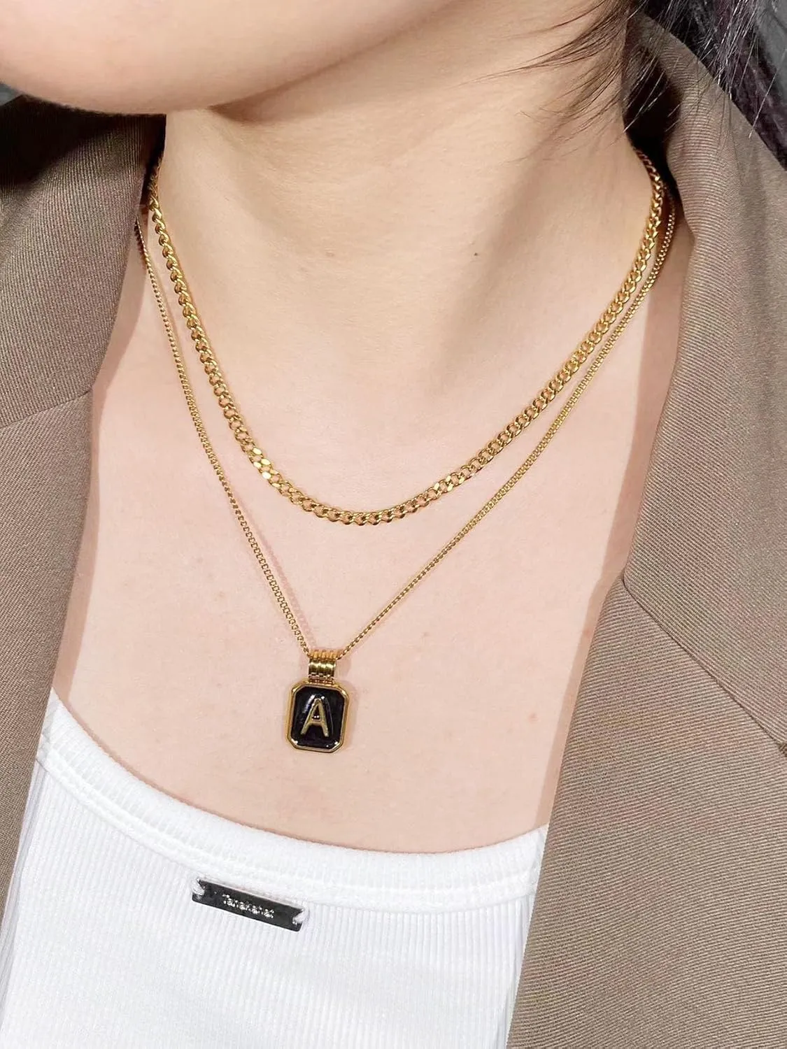 Gold Layered Initial Necklaces for Women, Dainty Layered Initial Necklaces for Women with Black Square Pendant Alphabet A-Z Cuban Chain Choker Necklace for Women Teen Jewelry Gifts