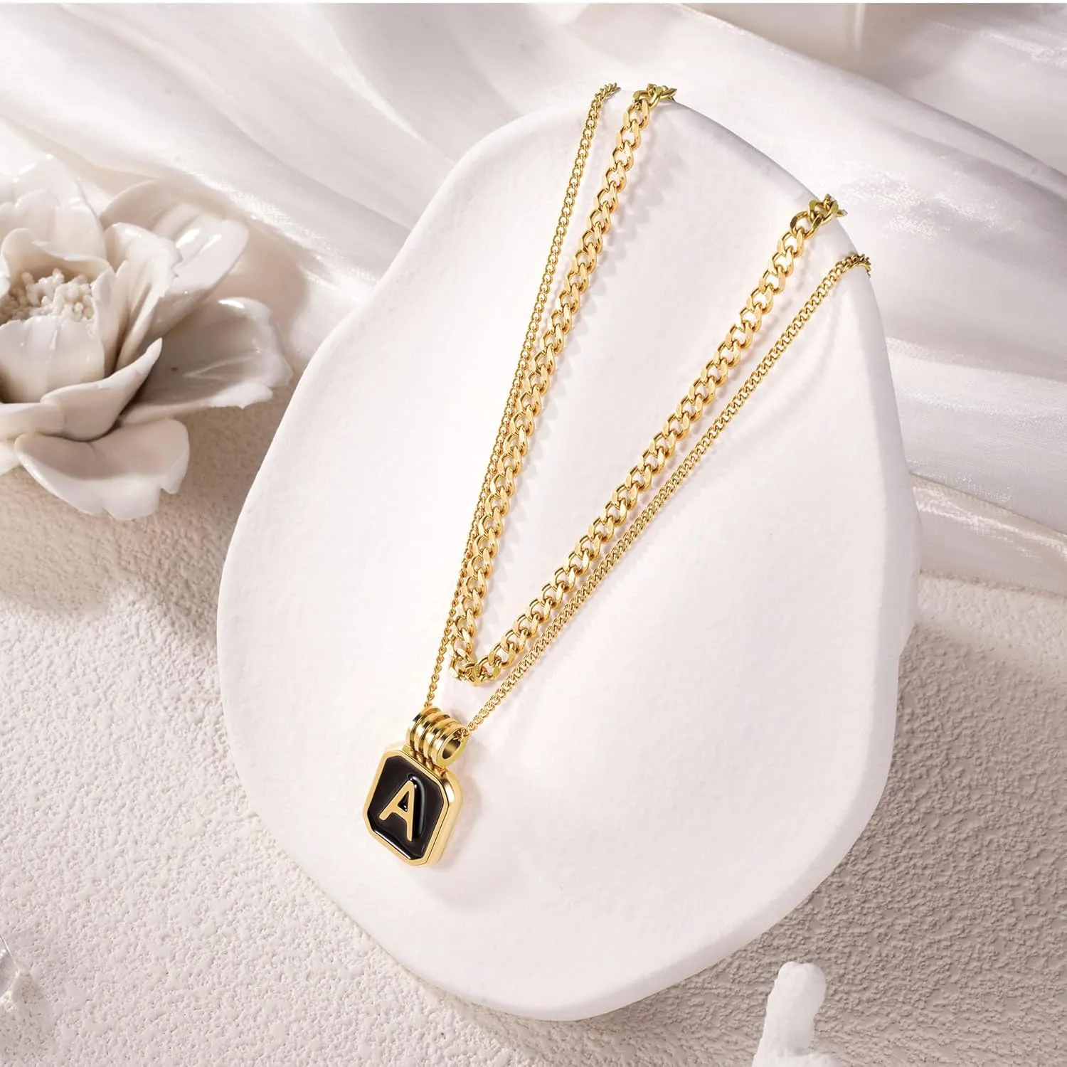Gold Layered Initial Necklaces for Women, Dainty Layered Initial Necklaces for Women with Black Square Pendant Alphabet A-Z Cuban Chain Choker Necklace for Women Teen Jewelry Gifts