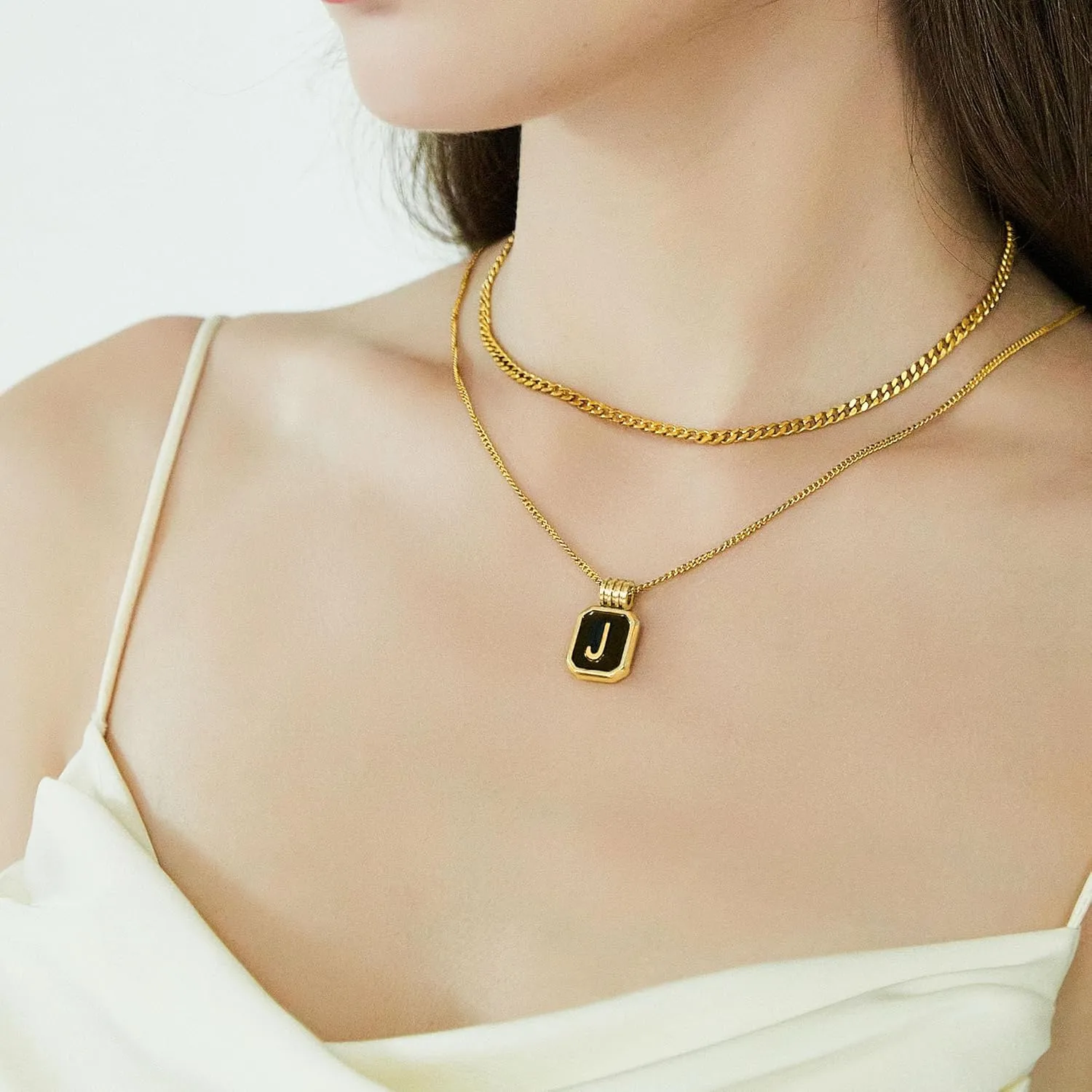 Gold Layered Initial Necklaces for Women, Dainty Layered Initial Necklaces for Women with Black Square Pendant Alphabet A-Z Cuban Chain Choker Necklace for Women Teen Jewelry Gifts