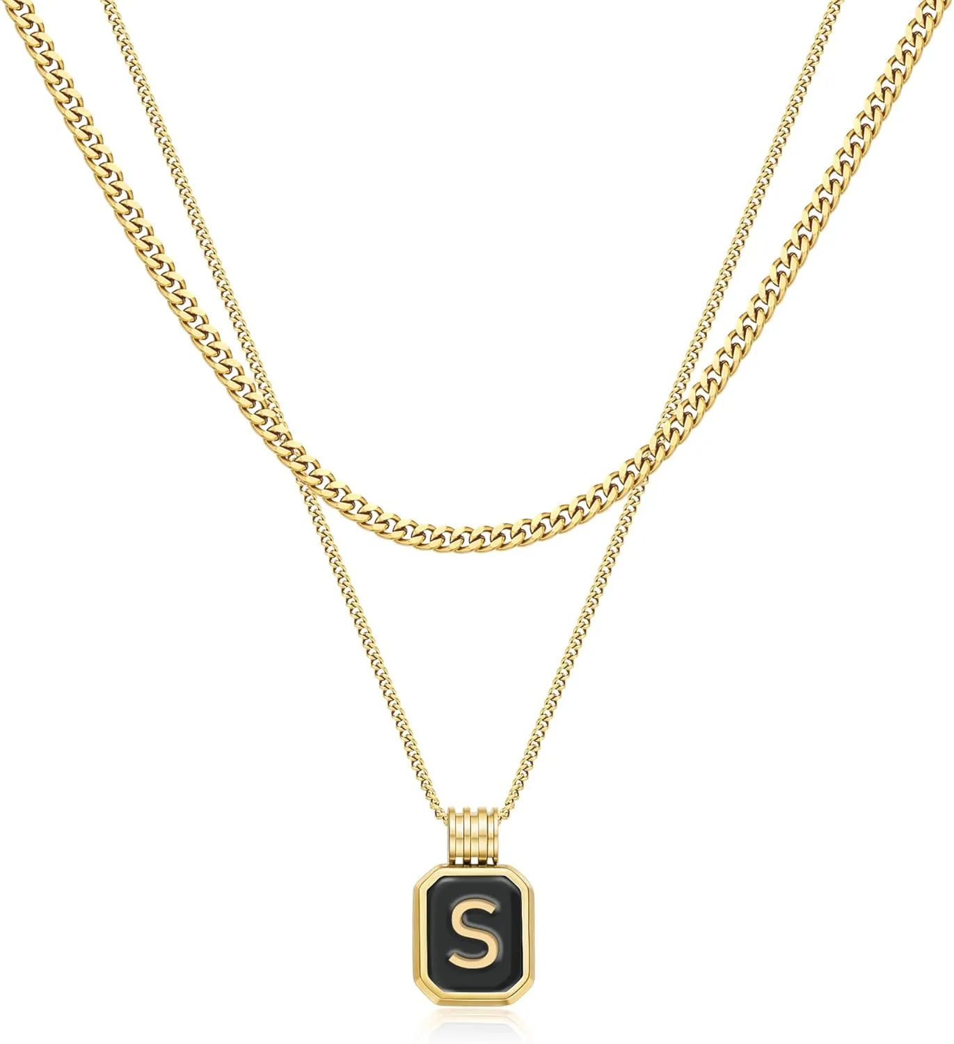 Gold Layered Initial Necklaces for Women, Dainty Layered Initial Necklaces for Women with Black Square Pendant Alphabet A-Z Cuban Chain Choker Necklace for Women Teen Jewelry Gifts