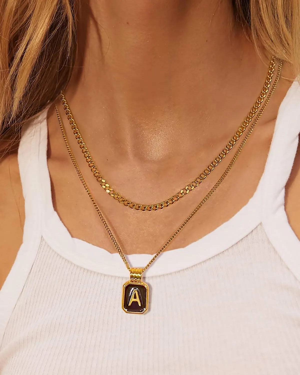 Gold Layered Initial Necklaces for Women, Dainty Layered Initial Necklaces for Women with Black Square Pendant Alphabet A-Z Cuban Chain Choker Necklace for Women Teen Jewelry Gifts