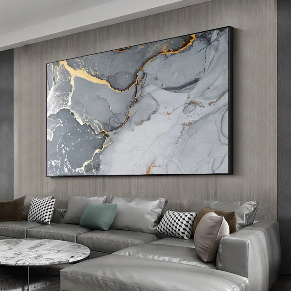 Golden Veined Grey Marble Slab Wall Art Fine Art Canvas Print Poster Abstract Picture For Above The Sofa Modern Living Room Decor