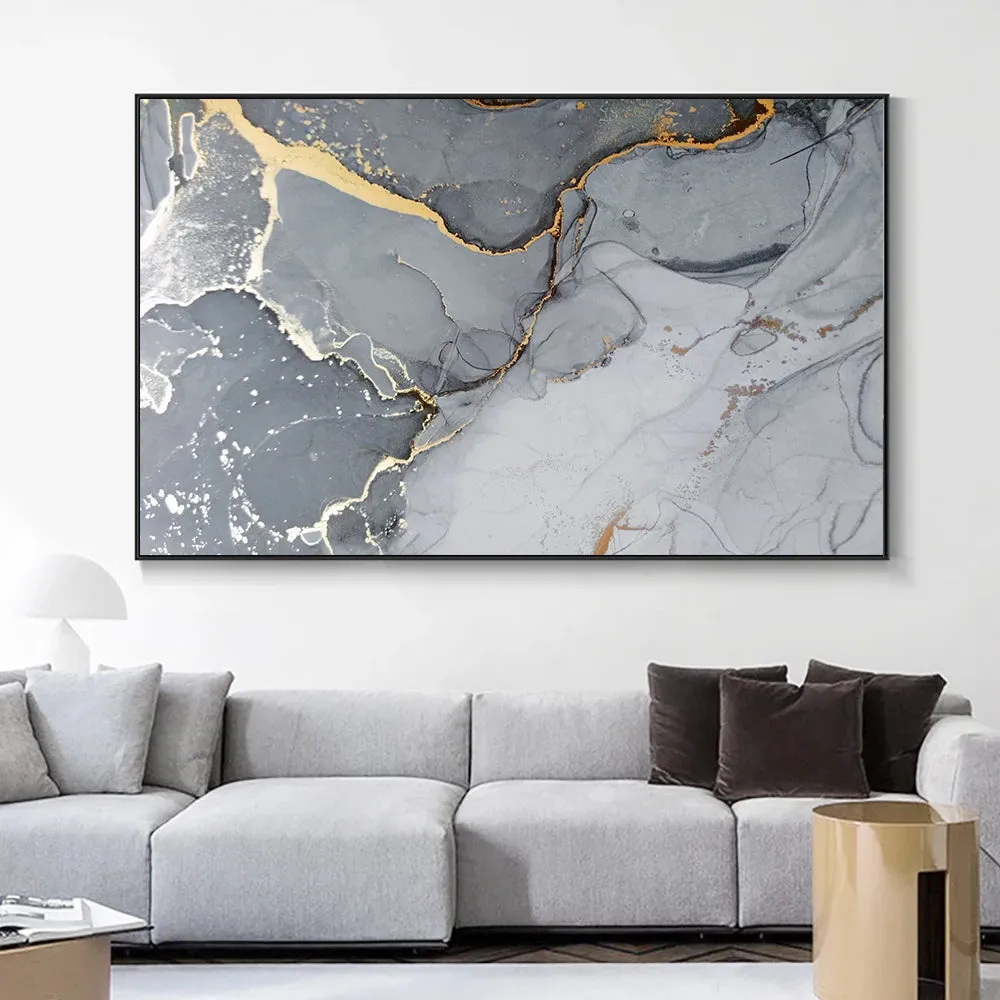 Golden Veined Grey Marble Slab Wall Art Fine Art Canvas Print Poster Abstract Picture For Above The Sofa Modern Living Room Decor