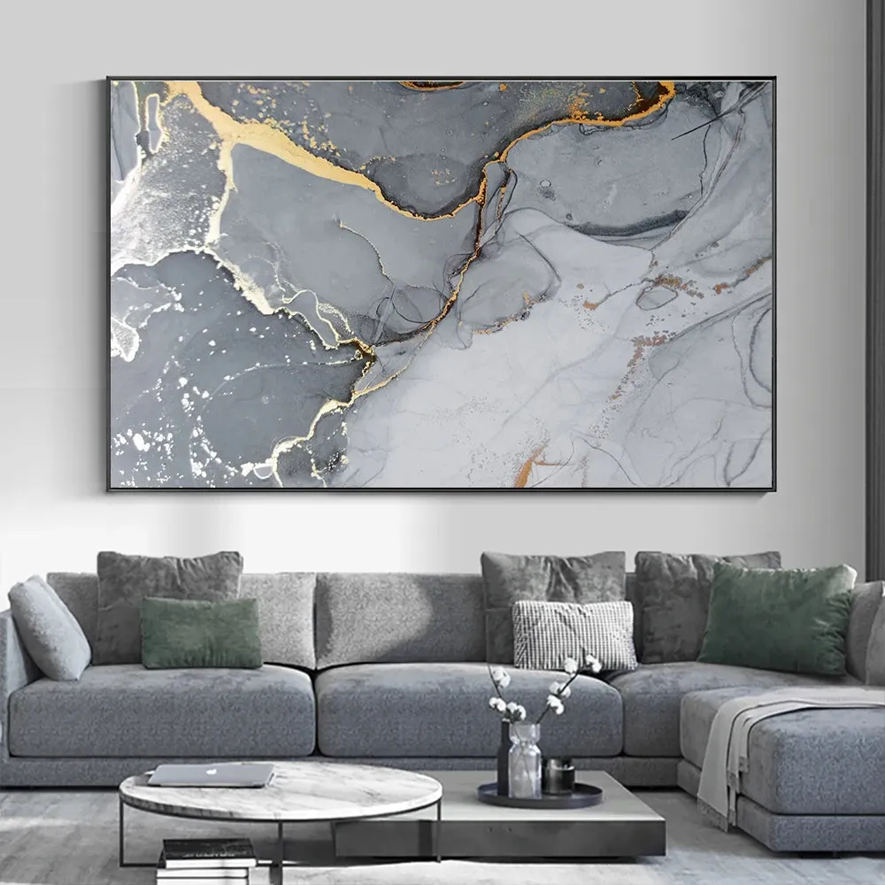 Golden Veined Grey Marble Slab Wall Art Fine Art Canvas Print Poster Abstract Picture For Above The Sofa Modern Living Room Decor
