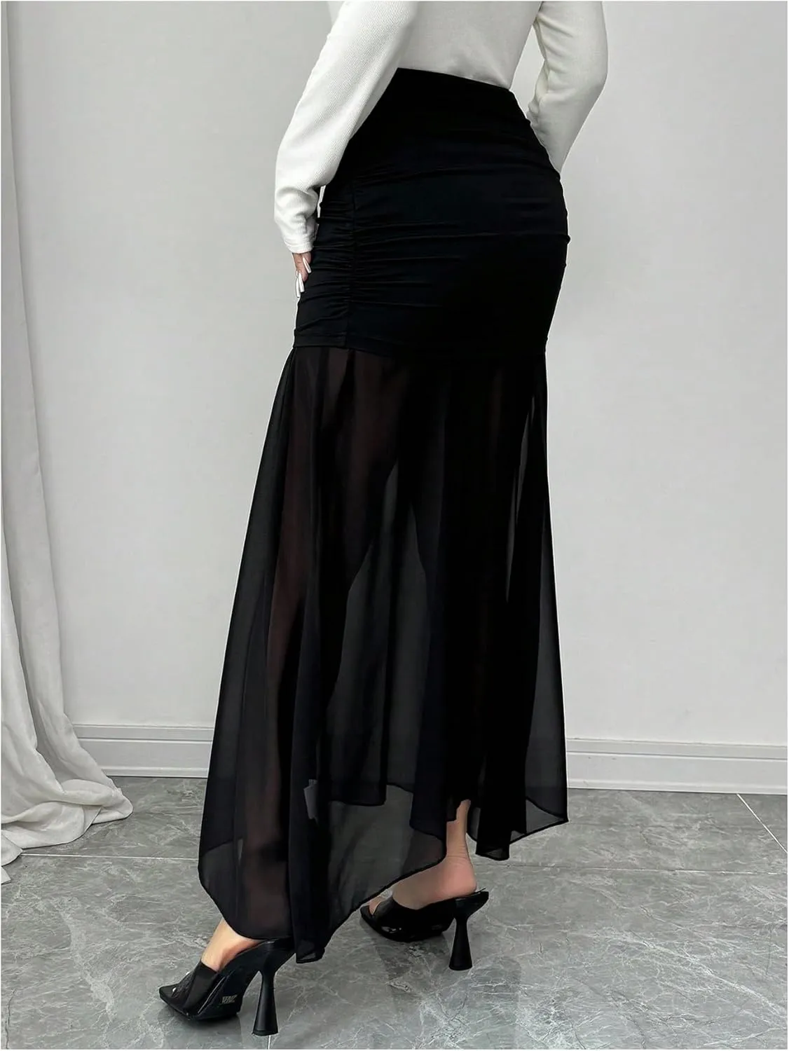 GORGLITTER Women's Mesh Skirts Ruched High Waist Party Bodycon Maxi Skirts