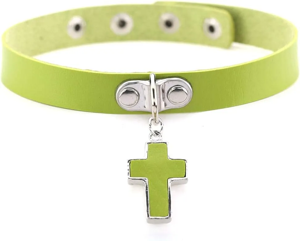 Goth Black Cross Pendant Leather Choker Necklace for Women Halloween Cosplay Costume Christmas Easter