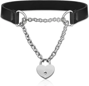 Goth Choker Necklaces for Women, Soft Collar Chain for Women, Love Heart Padlock Day Collar with Key, Black Punk PU Leather Necklace for Party Cosplay Christmas Birthday Jewelry Gifts