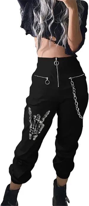 Gothic Women's Chain Cargo Pants Goth Fit High Waist Black Trousers Streetwear Punk Pants for Women