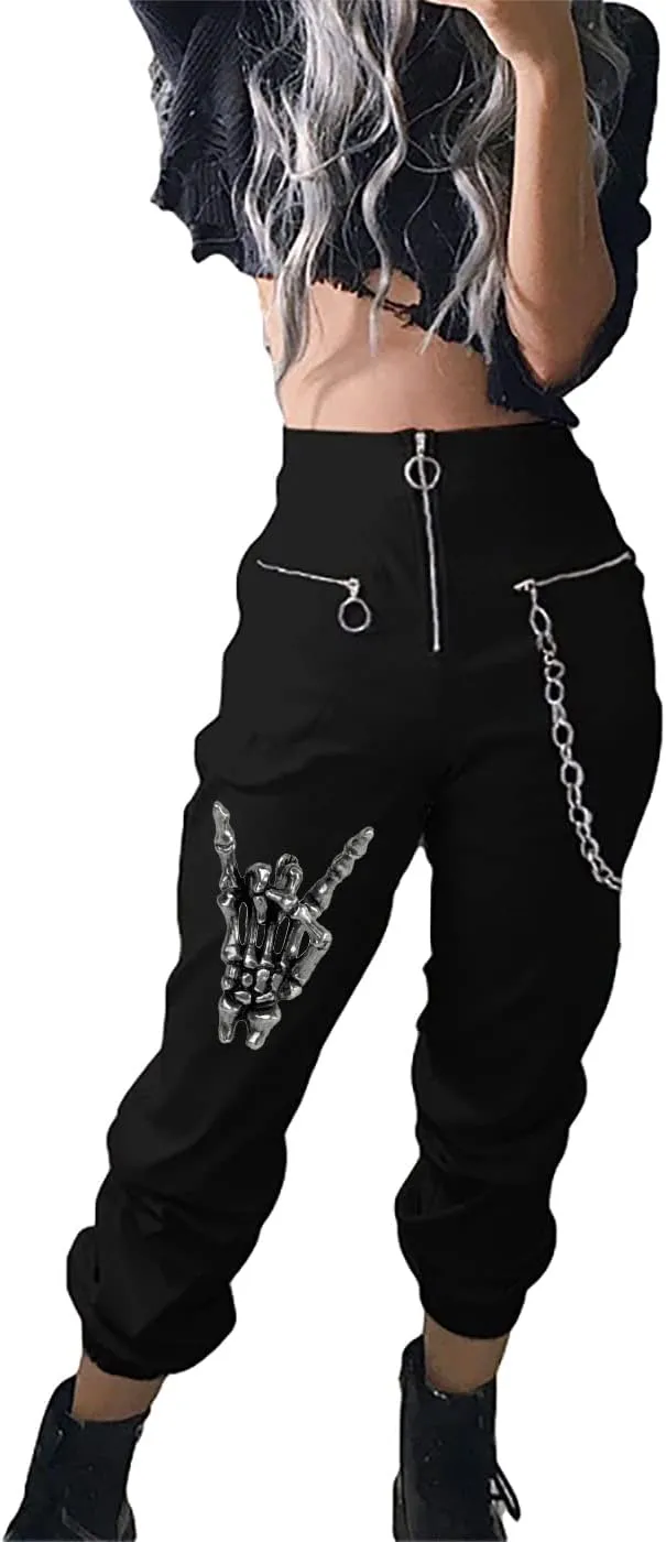 Gothic Women's Chain Cargo Pants Goth Fit High Waist Black Trousers Streetwear Punk Pants for Women