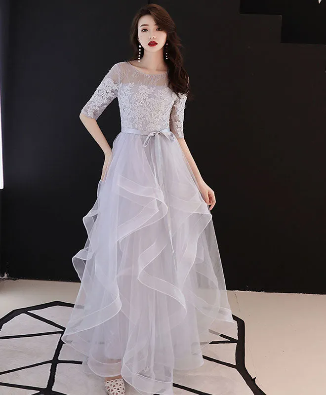 Gray Tulle Lace Long Prom Dress, Gray Tulle Formal Graduation Dress