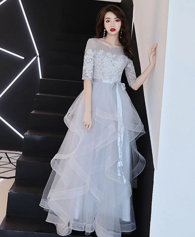 Gray Tulle Lace Long Prom Dress, Gray Tulle Formal Graduation Dress