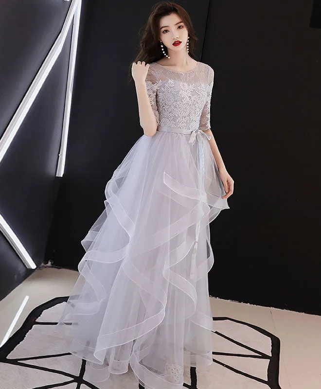 Gray Tulle Lace Long Prom Dress, Gray Tulle Formal Graduation Dress