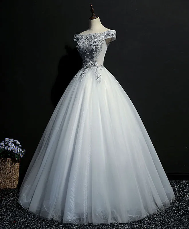 Gray Tulle Lace Off Shoulder Long Prom Gown Tulle Lace Evening Dress