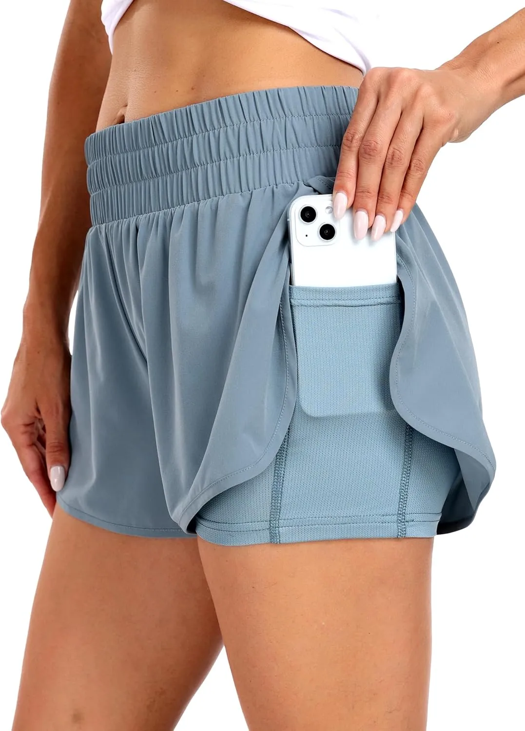 Haimont Women's Running Shorts 2 in 1 High Waisted Athletic Shorts with Drawstring Pockets 3" Compression Liner Shorts